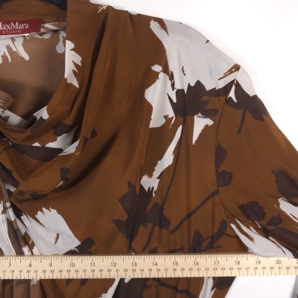 MaxMara Studio 100% SILK Floral Neck Tie Midi Dress Brown No Size Tag L / XL - Picture 9 of 14